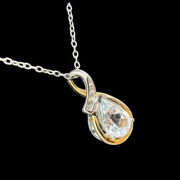 Aquamarine Diamond Pendant Necklace 10k Gold Sterling Silver Chain Alwand Vahan - Picture 1 of 7